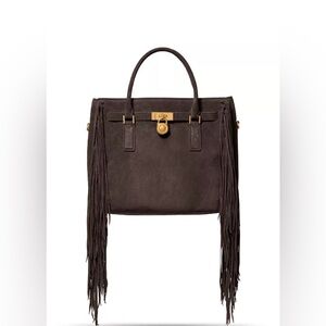 Michael Kors Dark Brown Suede Fringe Satchel with Gold Hardware